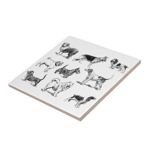 Black  White Vintage Dogs Pattern Ceramic Tile