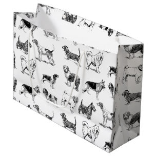 Black & White Vintage Dogs Pattern Large Gift Bag