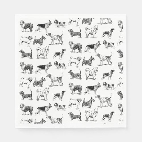 Black  White Vintage Dogs Pattern  Napkins