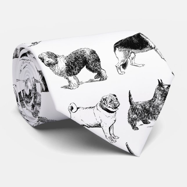 Black & White Vintage Dogs Pattern Neck Tie (Rolled)
