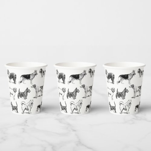 Black  White Vintage Dogs Pattern  Paper Cups