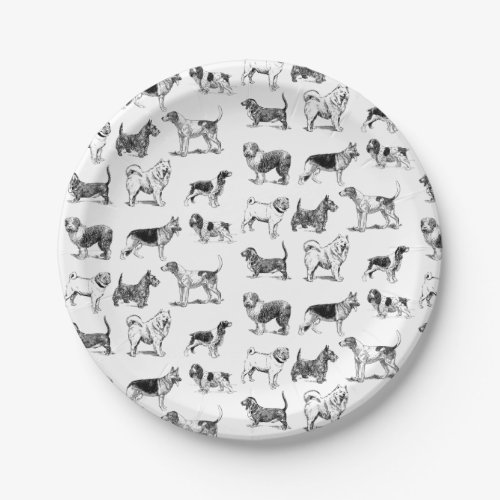 Black  White Vintage Dogs Pattern  Paper Plates