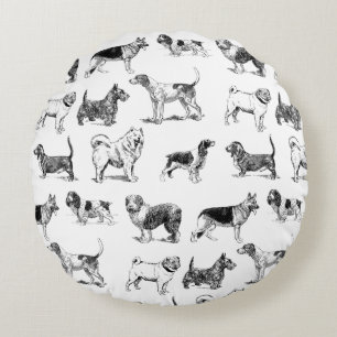 Black & White Vintage Dogs Pattern Round Pillow
