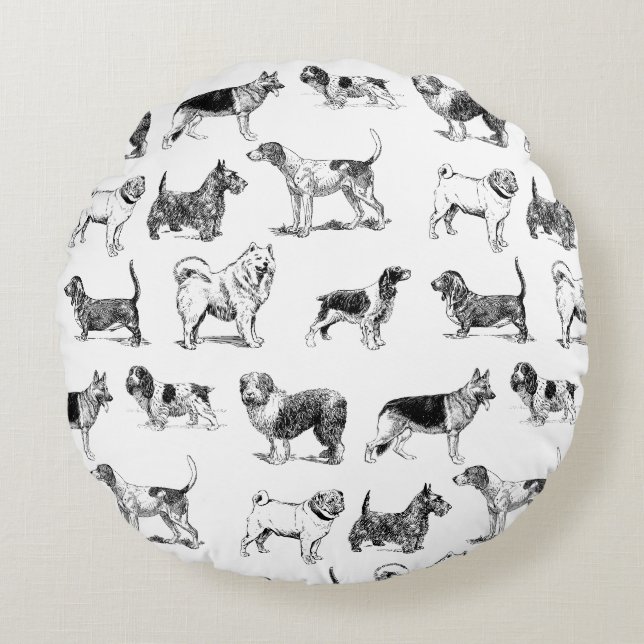 Black & White Vintage Dogs Pattern  Round Pillow (Front)