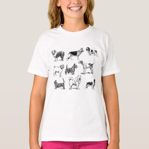 Black  White Vintage Dogs Pattern T_Shirt