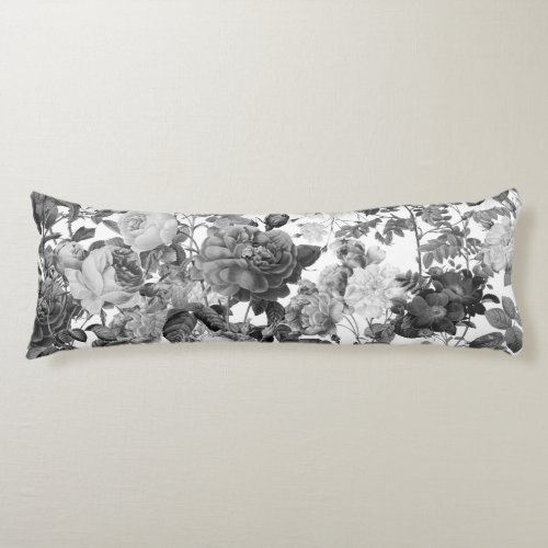 Black  White Vintage Floral Body Pillow