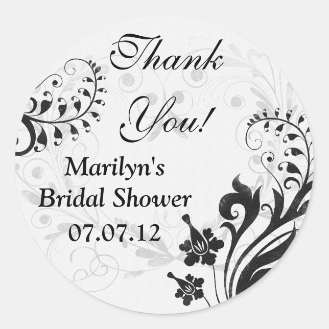 Black White Vintage Floral Bridal Shower Thank You Classic Round Sticker (Front)