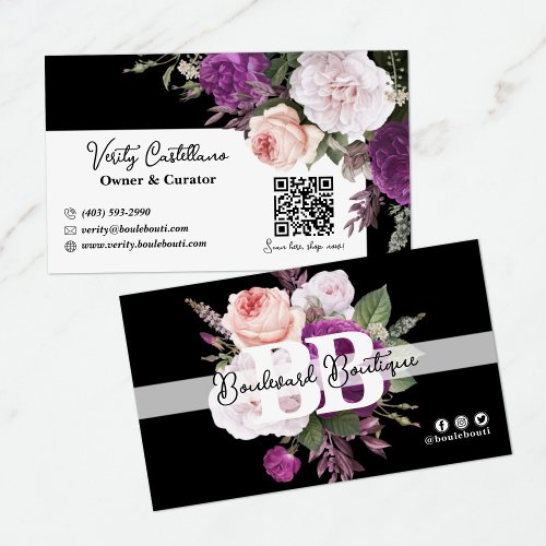 Black  White Vintage Floral Chic Boutique QR Code Business Card