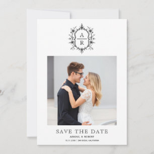 Black, white vintage floral crest monogram photo save the date
