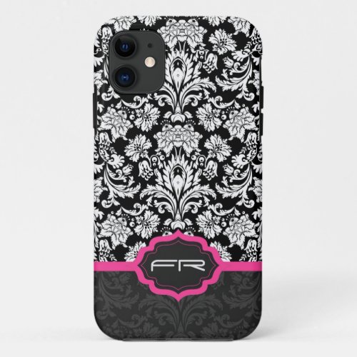 Black  White Vintage Floral Damasks 2 Monogramed iPhone 11 Case