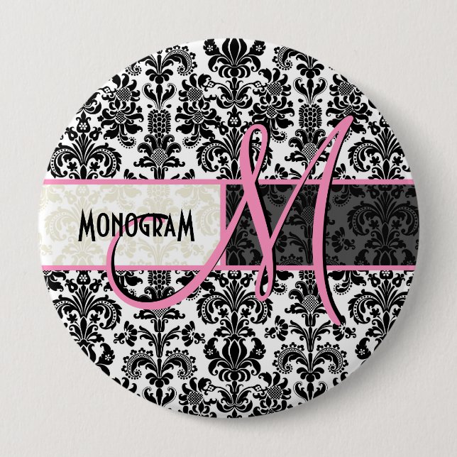 Black & White Vintage Floral Damasks Button (Front)