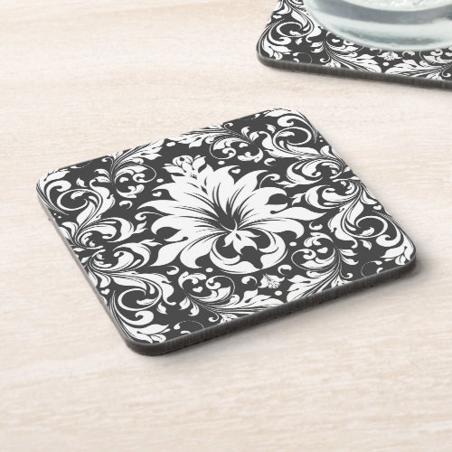 Black  White Vintage Floral Damasks Drink Coaster