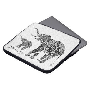 Black & White Vintage Floral Elephant-Monogram Laptop Sleeve