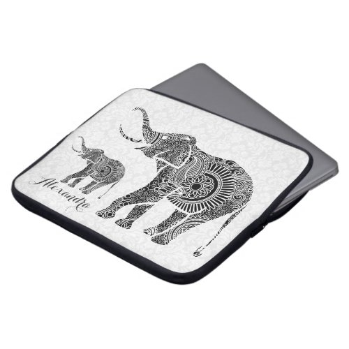 Black  White Vintage Floral Elephant_Monogram Laptop Sleeve