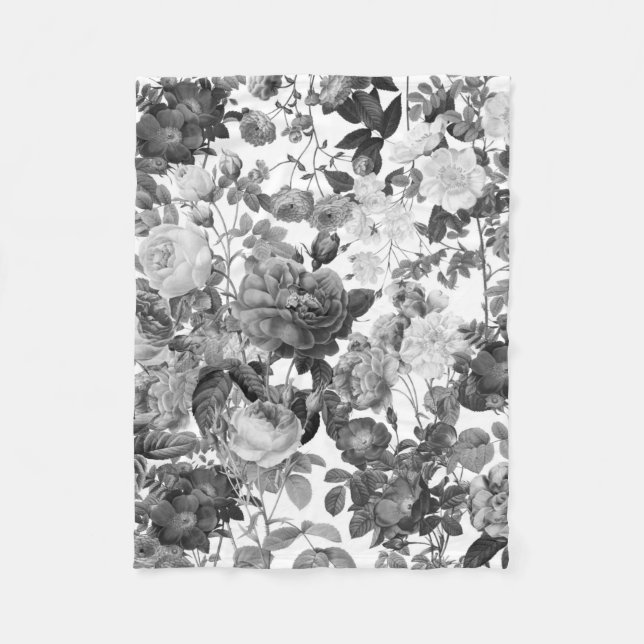 Black  White Vintage Floral  Fleece Blanket (Front)