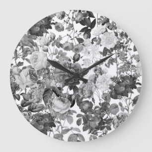 Black White Vintage Floral Large Clock