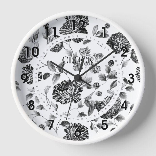 Black & White Vintage Floral Modern Dial Clock (Front)