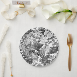 Black White Vintage Floral Paper Plates