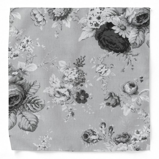 Black & White Vintage Floral Peony Handkerchief Bandana (Front)