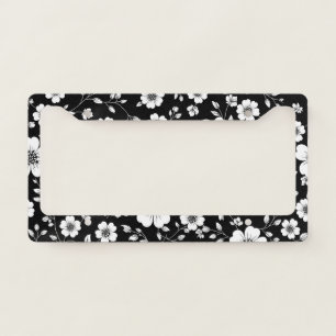 Black White Vintage Floral Seamless Pattern (1) License Plate Frame