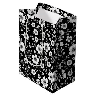 Black White Vintage Floral Seamless Pattern (1) Medium Gift Bag