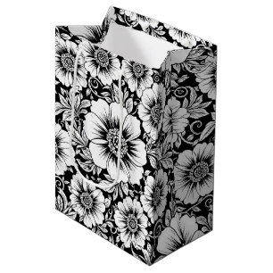 Black White Vintage Floral Seamless Pattern (2) Medium Gift Bag