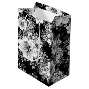 Black White Vintage Floral Seamless Pattern (3) Medium Gift Bag