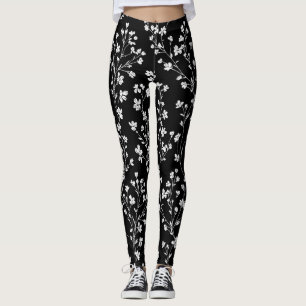 Black White Vintage Floral Seamless Pattern (4) Leggings
