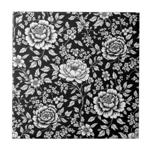 Black White Vintage Floral Seamless Pattern (5) Ceramic Tile