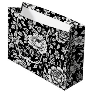 Black White Vintage Floral Seamless Pattern (5) Large Gift Bag