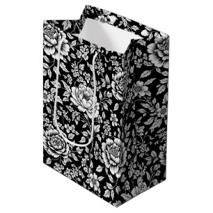 Black White Vintage Floral Seamless Pattern (5) Medium Gift Bag