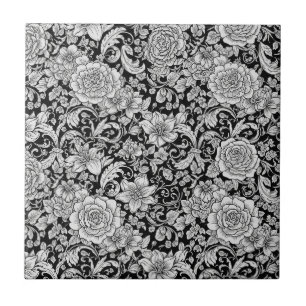 Black White Vintage Floral Seamless Pattern (6) Ceramic Tile