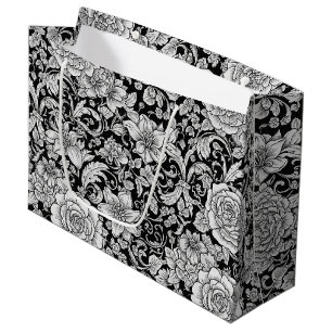Black White Vintage Floral Seamless Pattern (6) Large Gift Bag