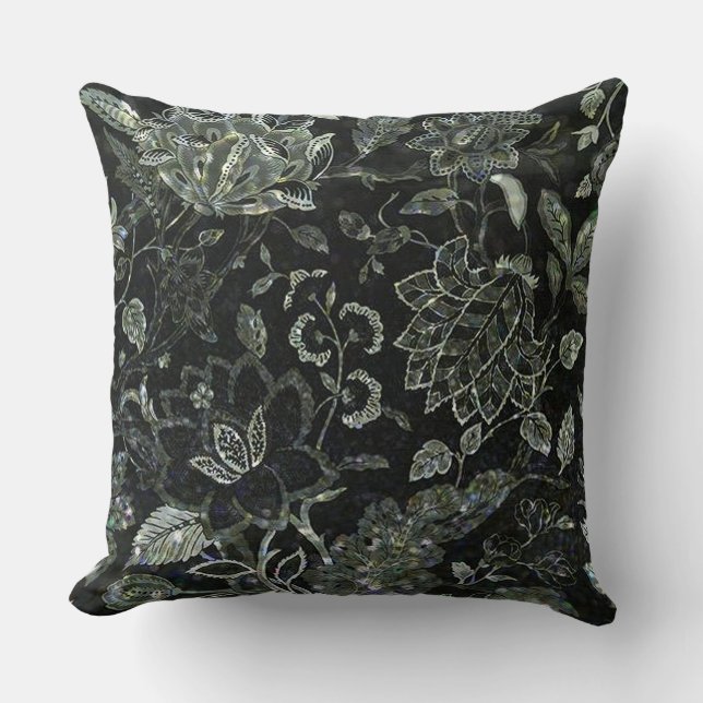 Black & White Vintage Floral Shimmer Throw Pillow (Front)
