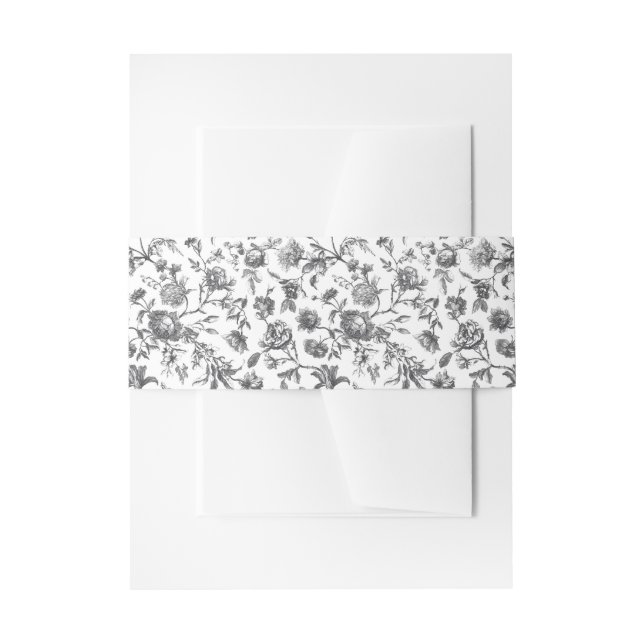 Black & White Vintage Floral Toile Wedding Invitation Belly Band (Front Example)