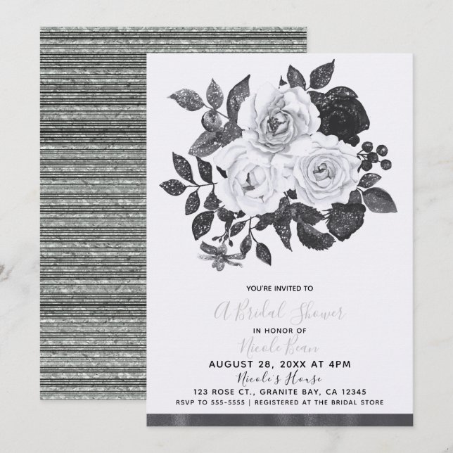 Black & White Vintage Flowers Modern Bridal Shower Invitation (Front/Back)