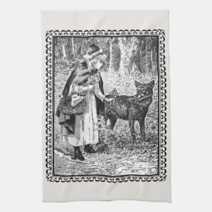 Black White Vintage Illustration Riding Hood Wolf Kitchen Towel