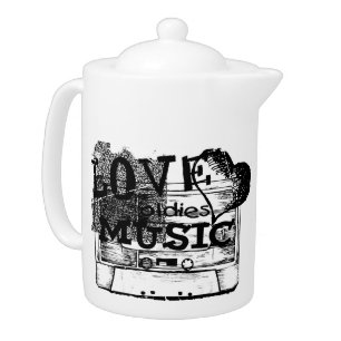 Black, White Vintage Love oldies music Teapot
