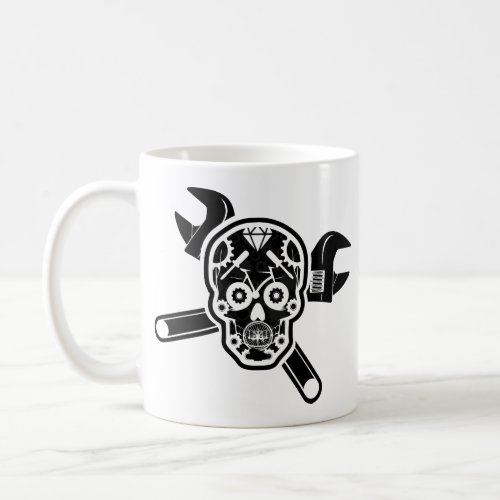 Black White Vintage Mechanic Skull Cross Wrench Coffee Mug
