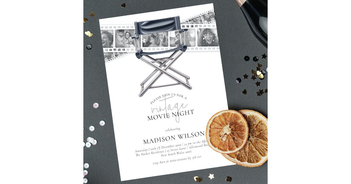 Black White Vintage Movie Night Adult Birthday Invitation | Zazzle