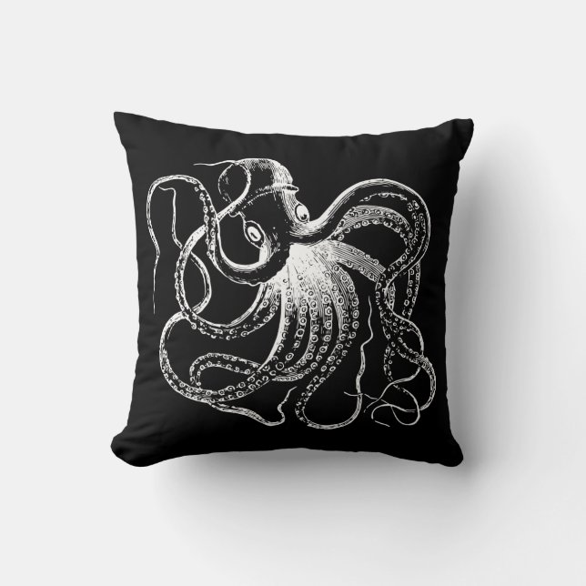 Black & White Vintage Octopus Illustration Throw Pillow (Front)