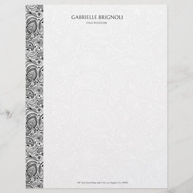 Black & White Vintage Paisley Pattern Letterhead (Front)