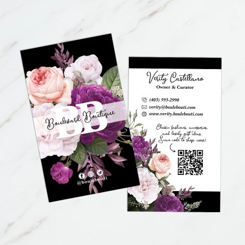 Black  White Vintage Rose Floral Boutique QR Code Business Card
