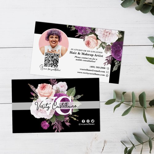 Black  White Vintage Roses Floral Beauty Stylist Business Card