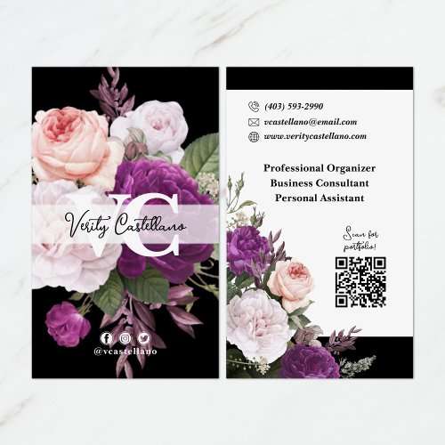 Black  White Vintage Roses Floral Simple Personal Business Card