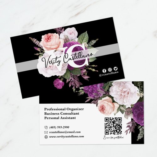 Black  White Vintage Roses Floral Simple Personal Business Card