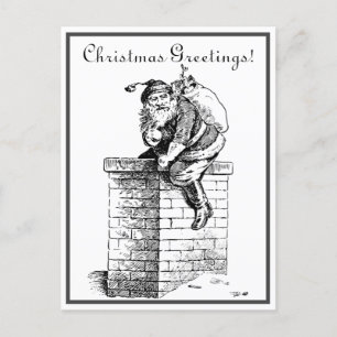 Black White Vintage Santa Claus Going Down Chimney Holiday Postcard