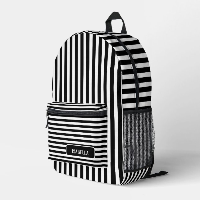 Black White Vintage Striped Name Printed Backpack (Back Corner Right)