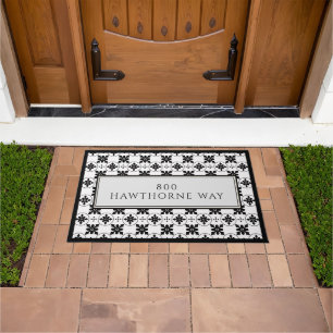Black White Vintage Tile Pattern Home Address Doormat