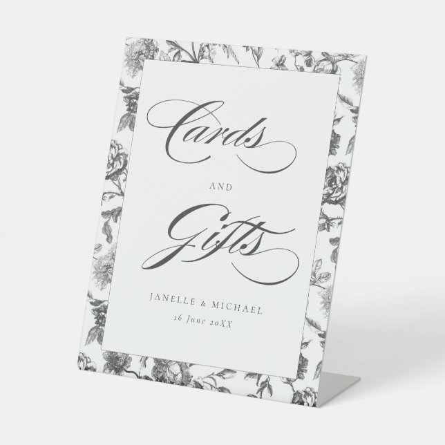 Black & White Vintage Toile Cards & Gifts Wedding Pedestal Sign (Front)